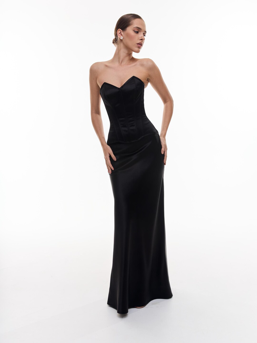 2 piece black maxi dress Lace Top Two Piece Black Prom Dress with Slit | Evening Gowns with Slits