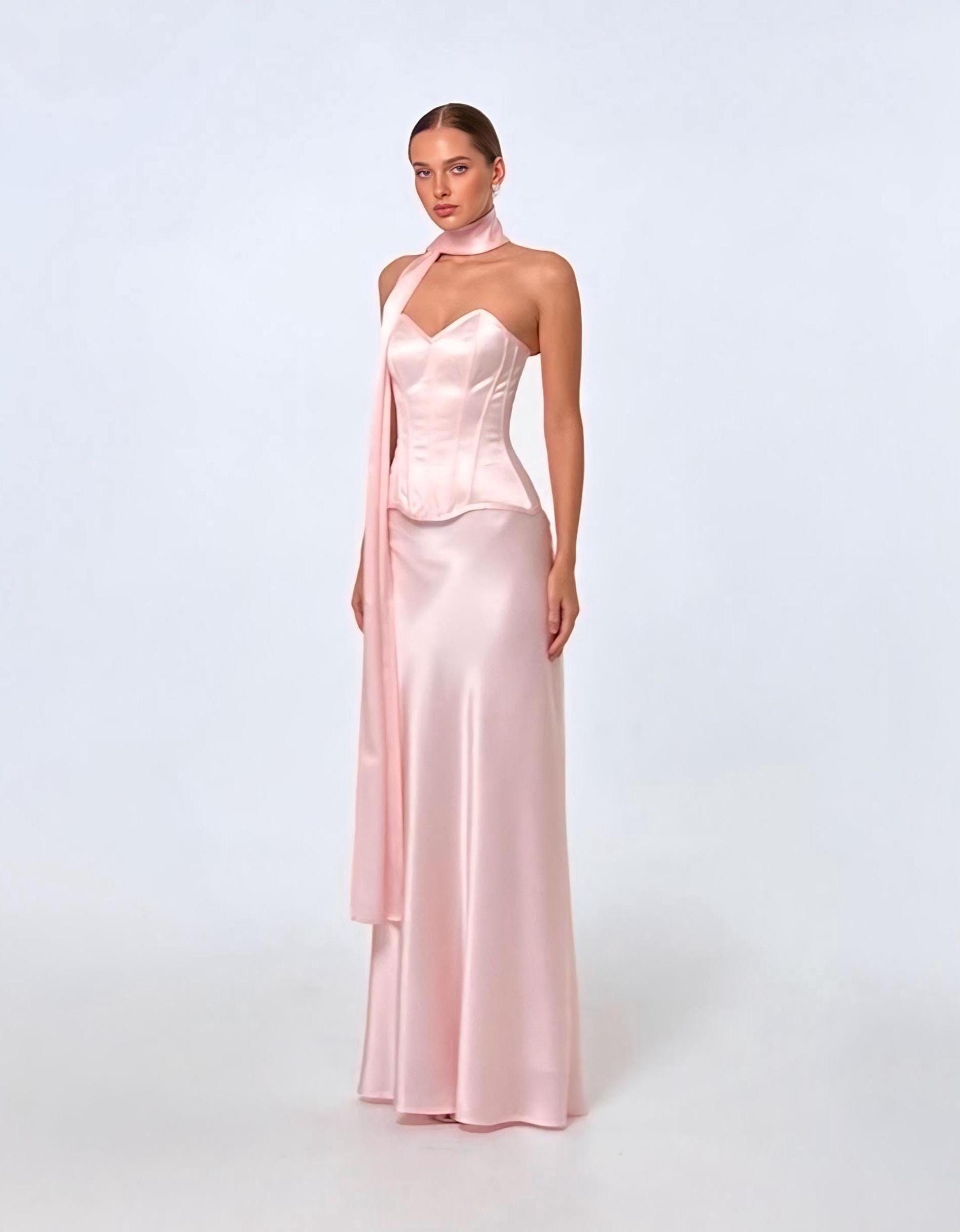 two piece corset dress Two-Piece Long Prom with Top Red / 2 its easy to wear Pink A-line Satin Corset Dress