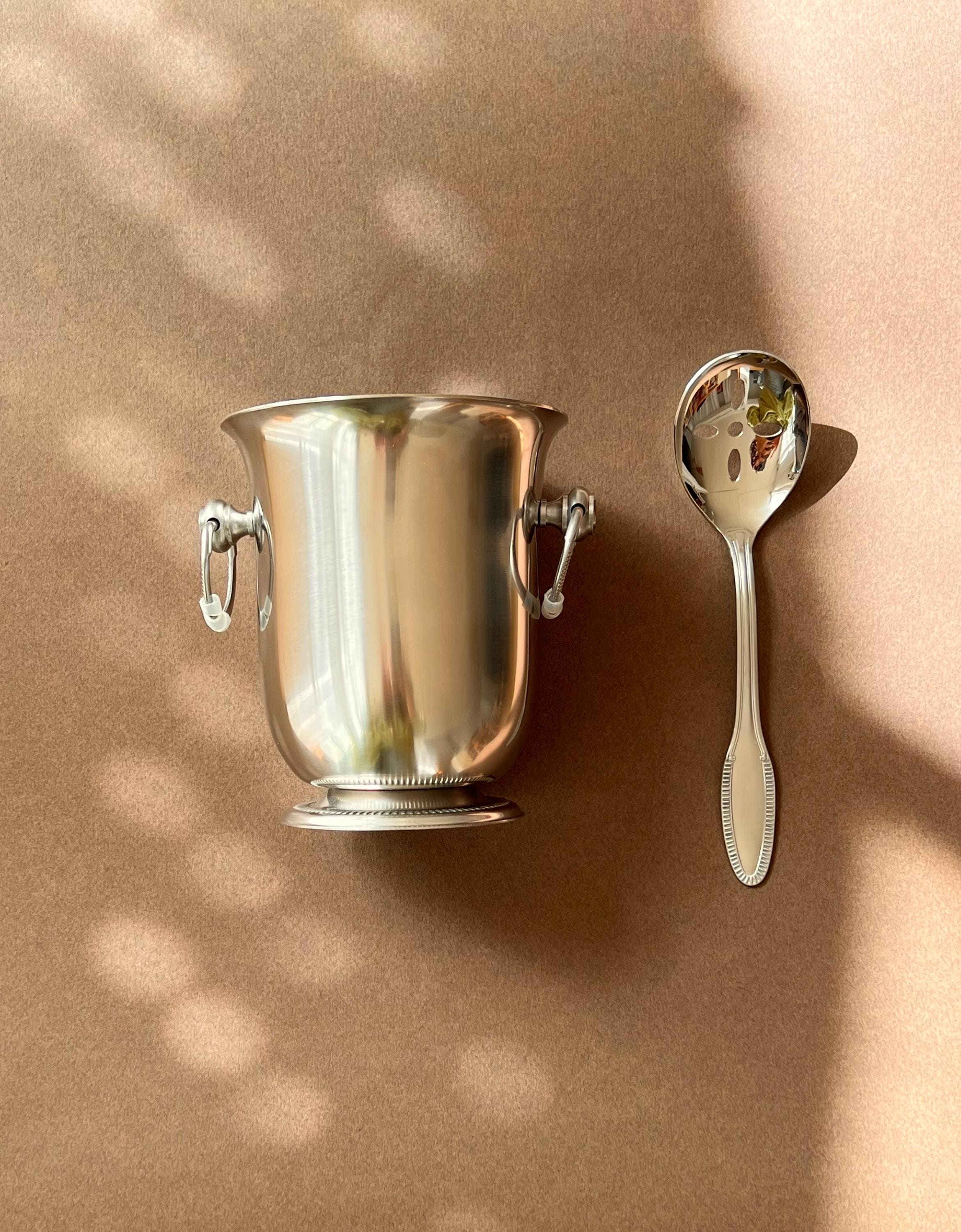 Vintage Jean Couzon Président Ice Bucket & Pierced Spoon Set – Stainless Steel, 1980s France