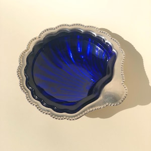 Vintage French Silverplated Shell Butter Dish with Blue Insert – Mid-Century Elegance