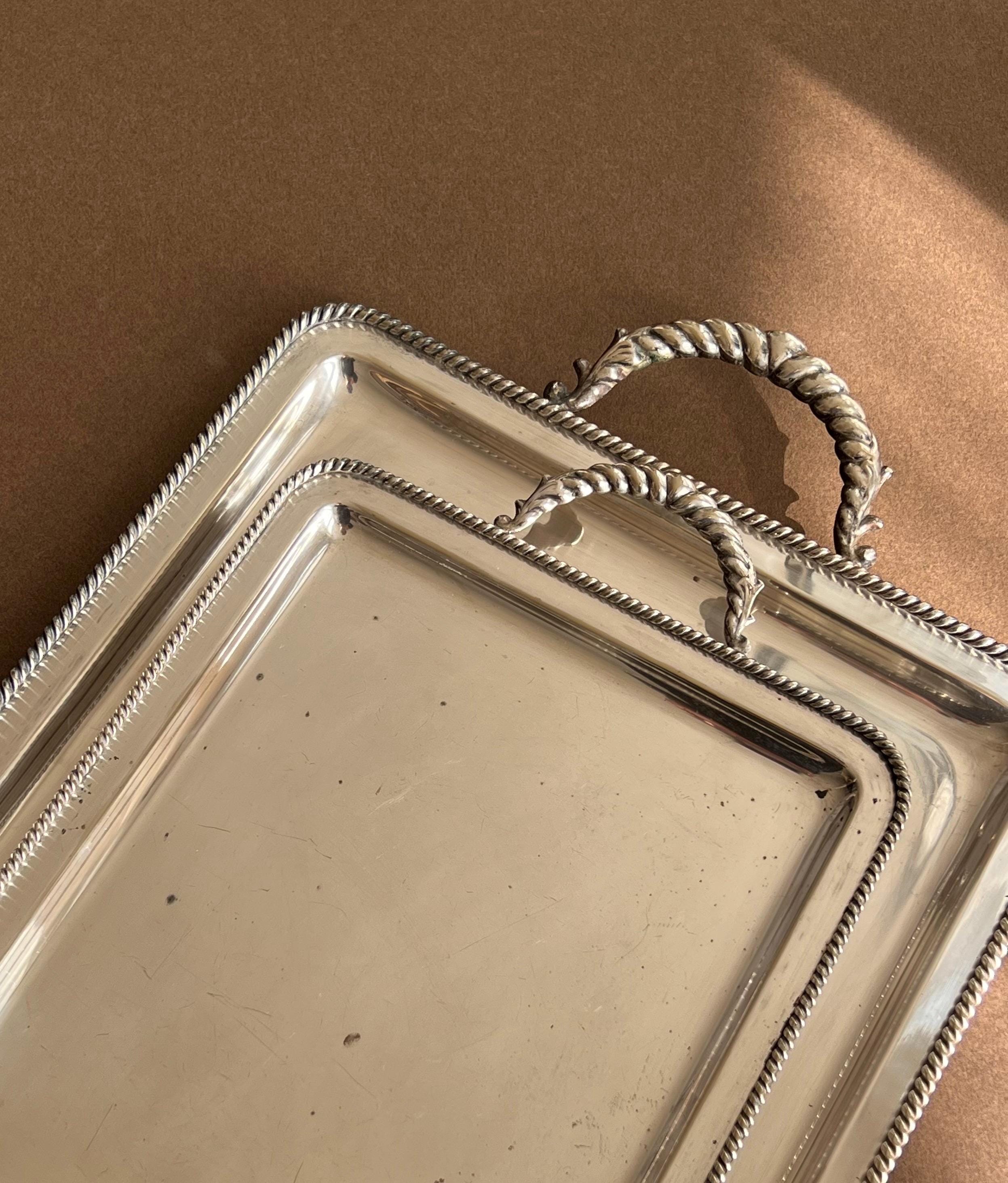 Set of 2 Silvertone Trays with Ornate Handles – Vintage Serving Piece – Spanish Vintage
