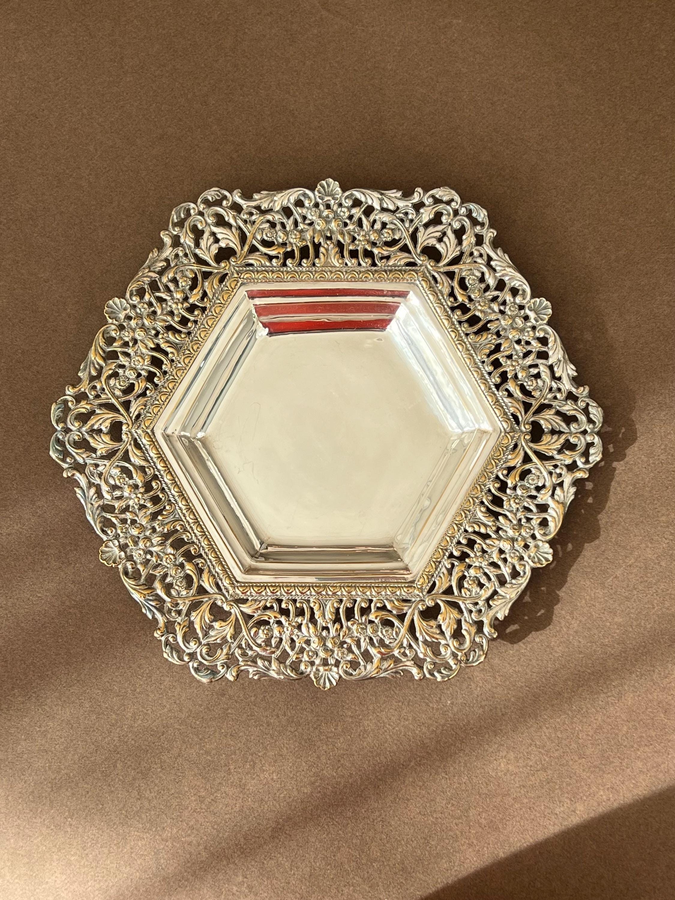 Baroque Revival Hexagonal Silver Metal Tray – Vintage Serving Piece – Spanish Vintage Find