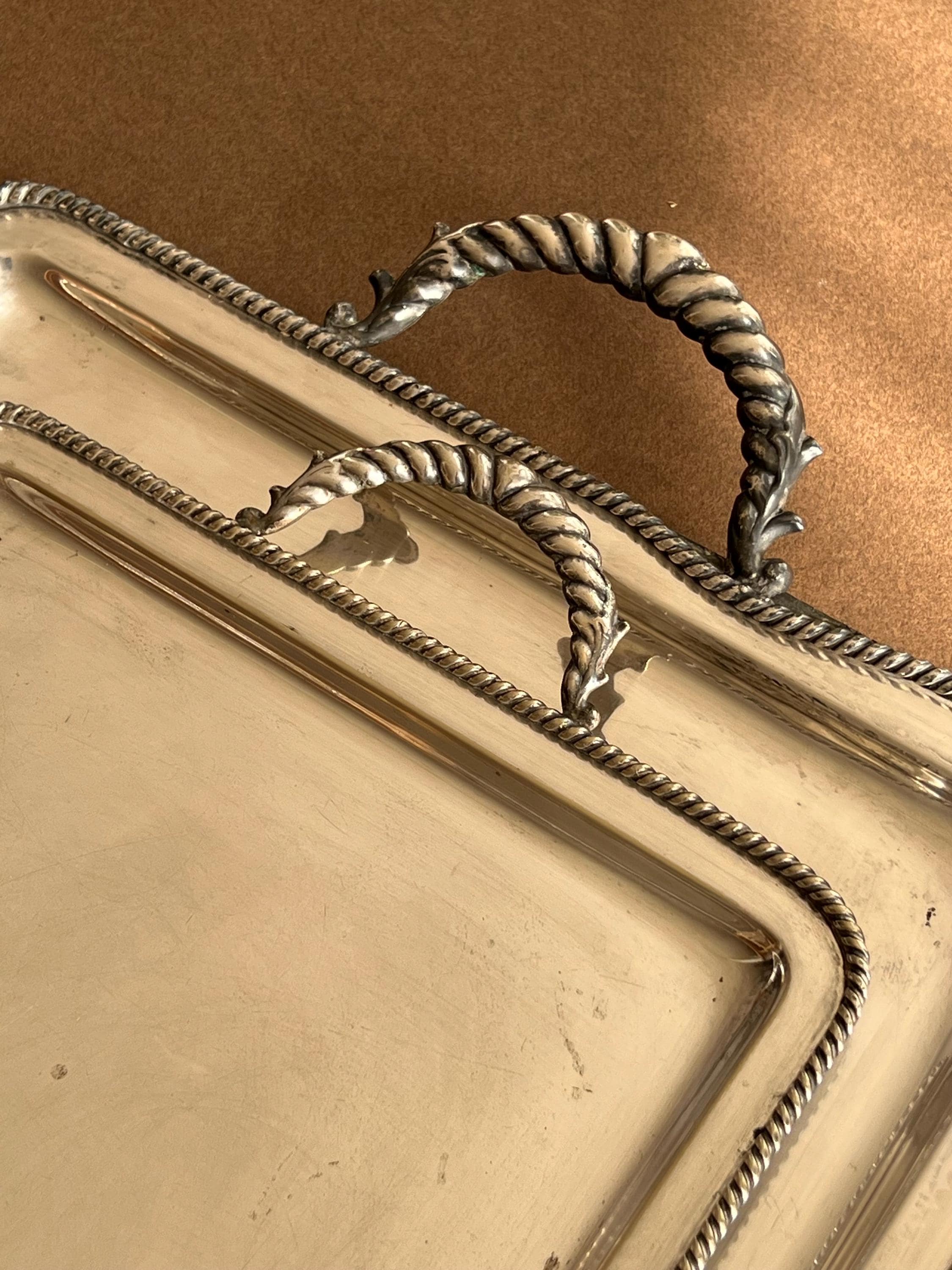 Set of 2 Silvertone Trays with Ornate Handles – Vintage Serving Piece – Spanish Vintage
