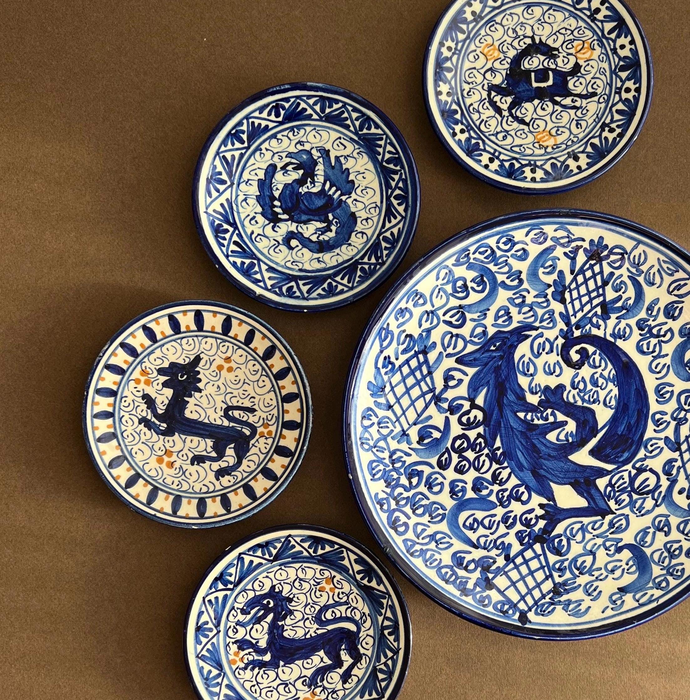 Manises Dragon Ceramic Set — Juan Tarín, Hand-Painted Spanish Blue & White, 5 Pieces, Mid-Century