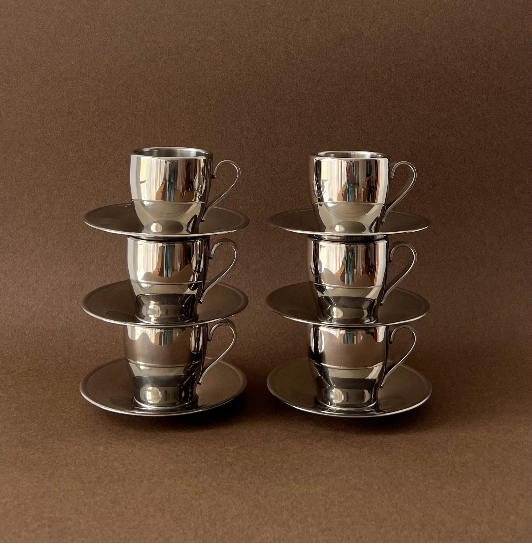 Vintage Italian Metal Espresso Set For 6 – Stainless Steel Modernist Design - Made in Italy