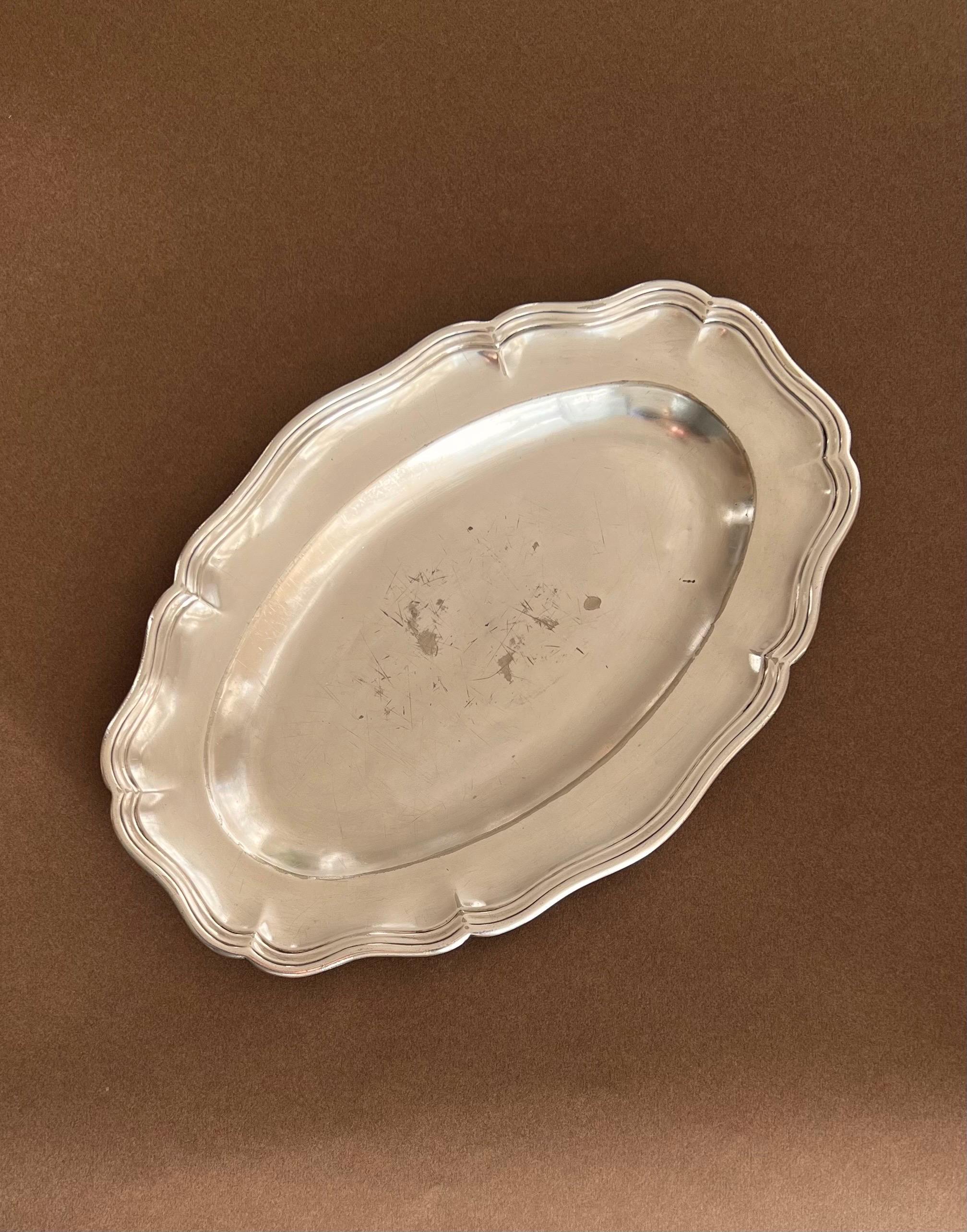 Gombault French Silverplate Oval Serving Tray - Scalloped Border Early 20th Century Sourced in France