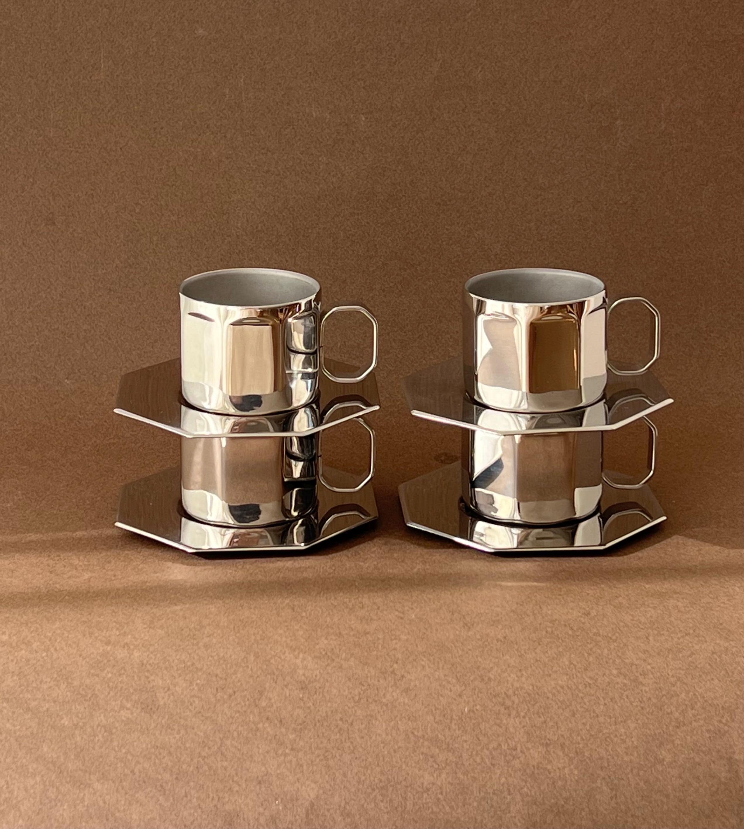 Post Modern Vintage Italian Espresso Set Of 4 Stainless Steel Cups and Saucers