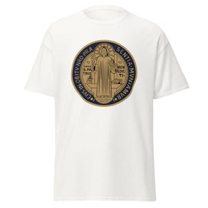 St. Benedict Medal T-Shirt - Saint Benedict Catholic Christian Gift - Benedictine Monks Christianity Unisex White T Shirt
