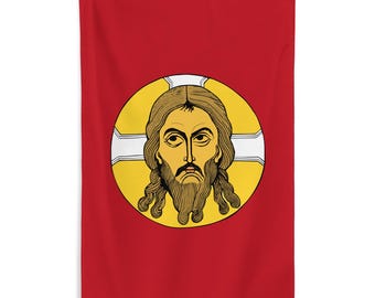 Bandera del Santo Rostro de Jesucristo Mandylion - Imagen del cristianismo ortodoxo de Edesa - Estandarte religioso cristiano - 87 cm x 142 cm - 34,5 x 56 pulgadas