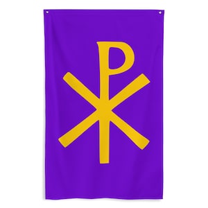 May include: A purple flag with a gold Chi Rho symbol. The Chi Rho is a monogram of the first two letters of the Greek word for Christ. The flag is rectangular and has a grommet at the top for hanging.