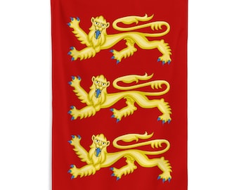 May include: A red flag featuring three yellow lions with blue claws and tongues. The lions are in a rampant pose, with their front paws raised. The flag has a simple design and is likely a heraldic or historical emblem.