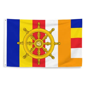 Buddhist Dharma Wheel Flag - Flag of Buddhism - Buddhist Spiritual Religious Buddha Gift - Theravada Mahayana - 87cm x 142cm - 34.5in x 56in