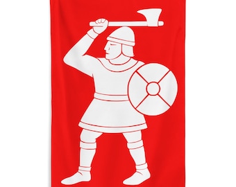 May include: A red flag with a white silhouette of a warrior holding an axe and a shield. The warrior is wearing a helmet and a tunic.