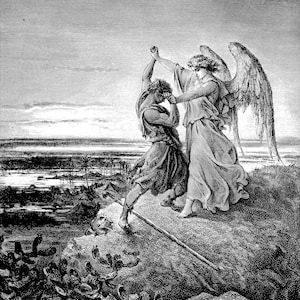Jacob Wrestling with the Angel Print Poster - Gustave Dore - The Bible Romanticism Engraving Biblical Christianity Art Gift Home Decor
