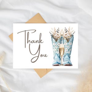 Bottines bleues et carte de remerciement pétillante pour la douche nuptiale - carte de fête nuptiale de thème western, rustique, amusante - personnalisable en toile - bottes florales