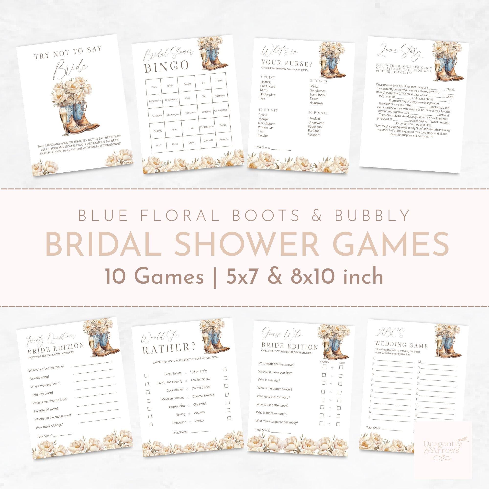 Blue Floral Boots and Bubbly Bridal Shower Games Pack – Western Cowgirl Champagne Brunch Games –  Customize in Jet Template
