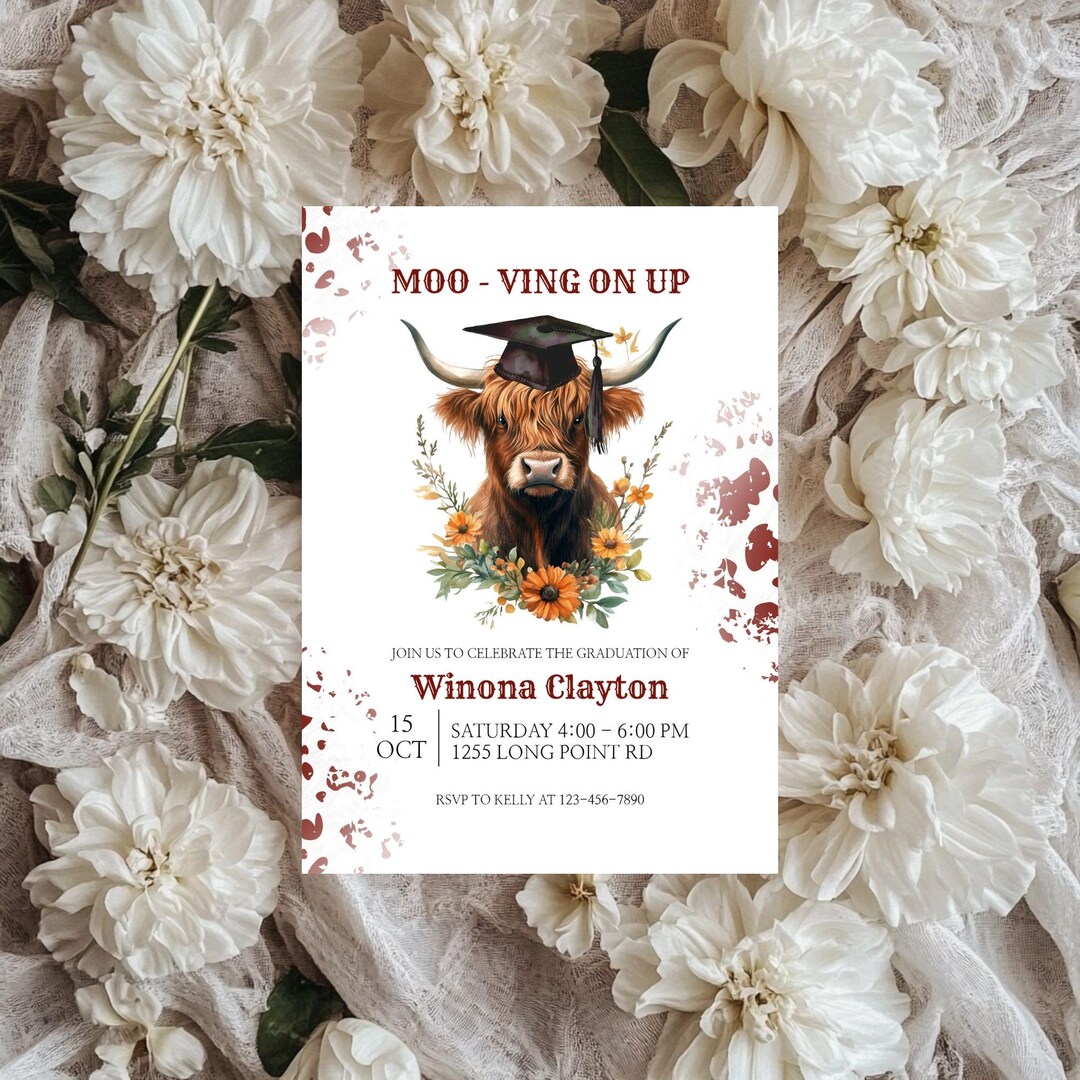 Moo-ving on up Graduation Invitation - Cow Theme Grad Party Invite ...