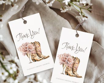 Rose Gold Floral Boots and Bubbly Bridal Shower Thank You Tags – Western Cowgirl Champagne Brunch -Favor Tags – Customize in Jet Template