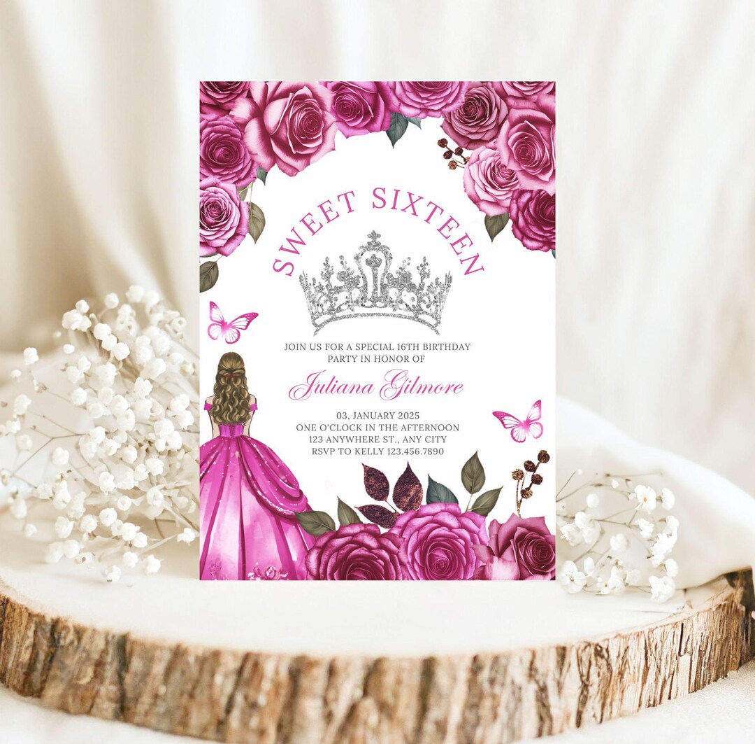 Sweet 16 Pink Roses Hot Pink Sweet Sixteen Invitation: Silver Tiara, Roses (customizable ...