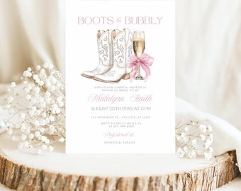 Pink Bow Boots and Bubbly Bubbly Shower Invitation - Coquette Western Theme, Rustic, Bridal Party Invite- Customize in Canva, White Boots