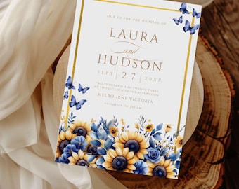 Sunflower Butterfly Wedding Invitation: Navy Blue Floral Design (Canva Editable, Digital Download)
