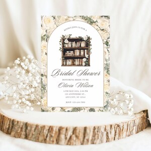 May include: Bridal shower invitation with a floral design. The invitation features a bookshelf illustration and the text "Bridal Shower" and "Olivia Wilson". The date, time, and location are also included, along with an RSVP number.