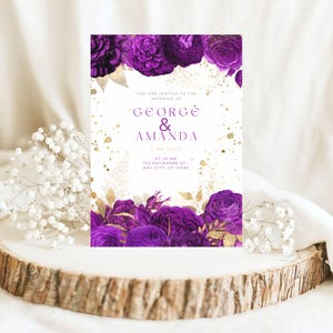 Dark Purple Floral Wedding Invitation: Elegant Gold Design (Customizable in Canva)