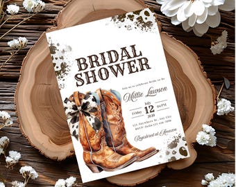 Cow Print Bridal Shower Invitation: Rustic Cowboy Boots ( Editable in Canva)
