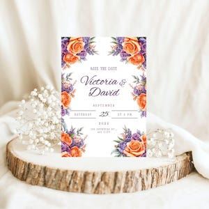 Purple and Orange Rose Wedding Invitation | Romantic Floral Design | Elegant Floral Invitation | Modern Weddings | Customizable in Canva