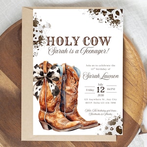 Rustic Cow Print Birthday Invitation: Cowboy Boots & Bow (Canva Template - Digital Download)