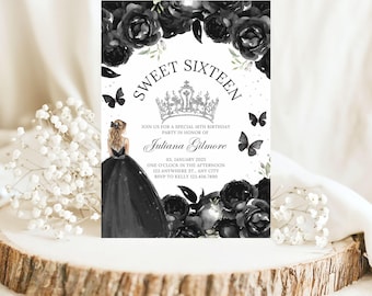 Black and  Silver Sweet Sixteen Birthday Invitation - Glamorous 16th Party Invite - Elegant Black and Silver- Customizable in Canva