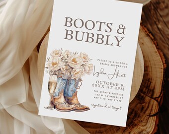 Cream Floral Boots and Bubbly Bridal Shower Invitation | Rustic Country | Peonies & Boots Bridal Party | Boho Chic - Customizable in Canva