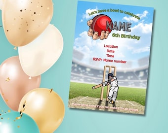Boys cricket themed birthday invitation
