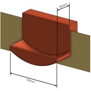 May include: A 3D rendering of a red ceramic object with a curved shape. The object is 30 mm tall and 90 mm wide.