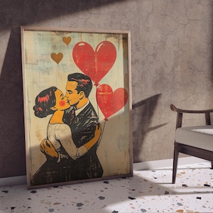 Retro Valentine’s Day Digital Print, Vintage Couple Wall Art, Romantic Love Poster, Heart Balloon Artwork, Mid-Century Style Decor