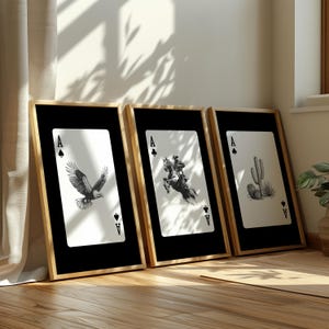 Conjunto de 3 impressões de ás de cowboy, arte de parede Western Digital, pôsteres de cartas de baralho rústicas, decoração de fazenda moderna para impressão, conjunto de pôsteres de ás rústicos