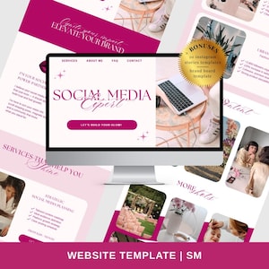 Plantilla de sitio web de Canva para gestor de redes sociales (rosa), portafolio, servicios y formulario de contacto