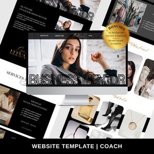 May include: A computer monitor displays a website template with the text "BUSINESS MENTOR". The image includes a woman in a blazer, additional graphics, and the words "WEBSITE TEMPLATE | COACH".