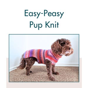 May include: A small brown dog wearing a colourful, striped knit sweater. The sweater features shades of pink, purple, and red. The text "Easy-Peasy Pup Knit" is at the top, and "Pattern by Modish Mutts" is at the bottom.
