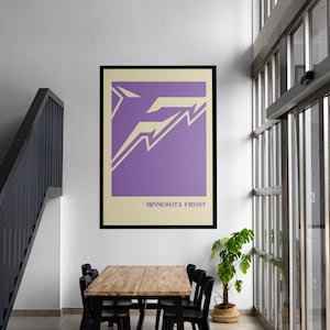 May include: A purple and cream poster with a stylized graphic of a bird in flight. The poster is framed in black and has the text "Minnesota Frost" at the bottom.