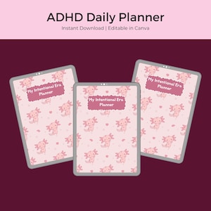 Könnte beinhalten: Drei digitale Tablets mit einem rosa Planer-Design. Der Planer zeigt ein sich wiederholendes Muster von Axolotl-Illustrationen und den Text "My Intentional Era Planner". Oben im Bild steht "ADHD Daily Planner."