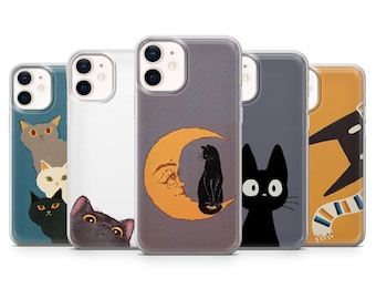 Black Cat Phone Case Cute Cat Animal for iPhone 16E, Pro, 15, 14, 13, 12, Samsung S25, S23FE, S24FE, A16, Pixel 9Pro, 8A
