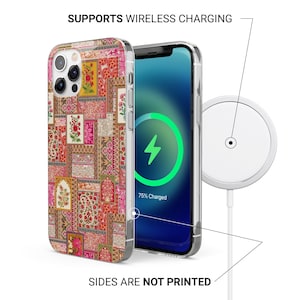 May include: A phone case with a colourful patchwork design featuring floral and geometric patterns in shades of red, pink, yellow, and brown. The phone is charging wirelessly, as indicated by the text "SUPPORTS WIRELESS CHARGING". The sides are not printed.