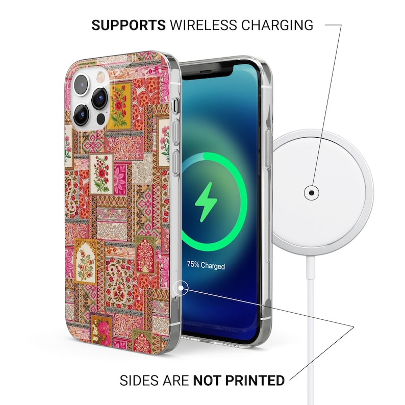 May include: A phone case with a colourful patchwork design featuring floral and geometric patterns in shades of red, pink, yellow, and brown. The phone is charging wirelessly, as indicated by the text "SUPPORTS WIRELESS CHARGING". The sides are not printed.
