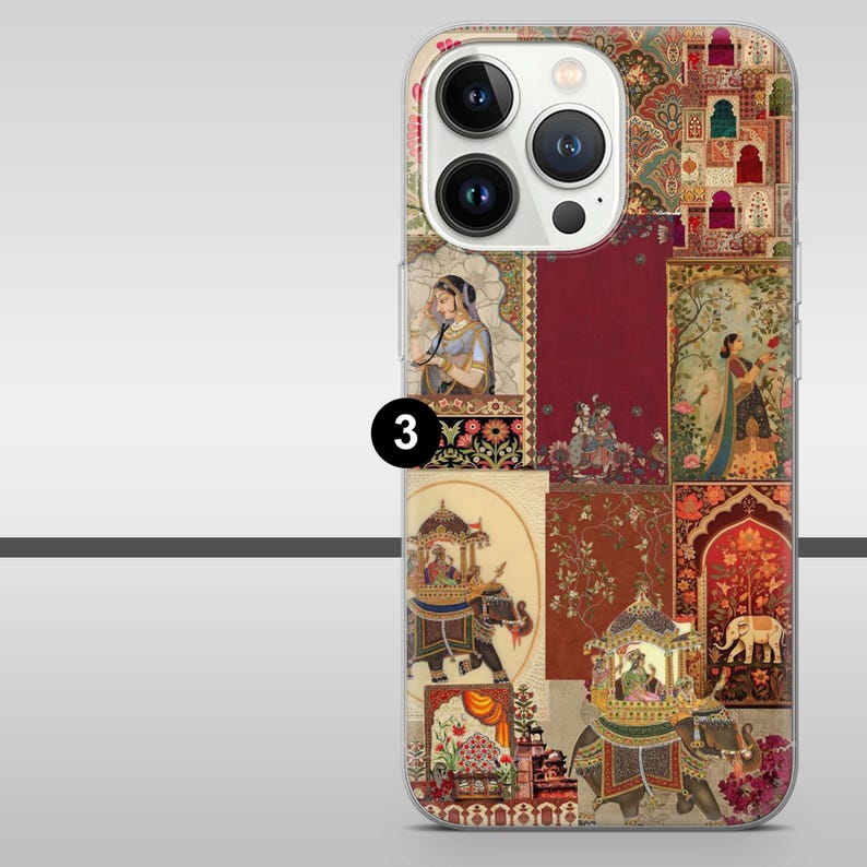 May include: A phone case with a patchwork design of Indian art. The case displays elephants, figures in traditional dress, and detailed architectural elements. The colour scheme is rich with reds, golds, and earthy tones, giving a vintage feel.