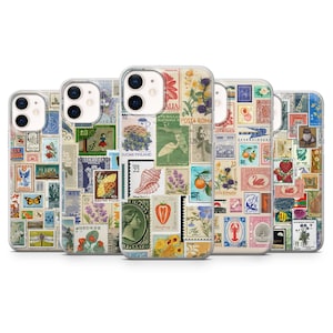 May include: Four different phone cases featuring a collage of vintage postage stamps with floral, butterfly and other nature-inspired designs.