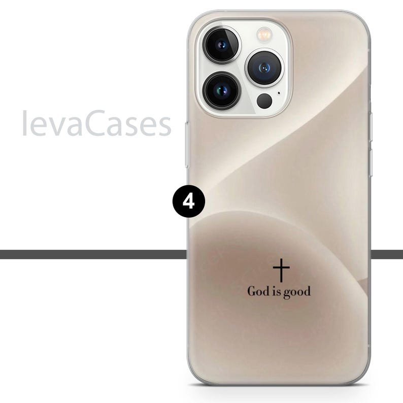 May include: A clear phone case with a beige background and a subtle wave pattern. The case has a black cross and the text "God is good" printed on the back.
