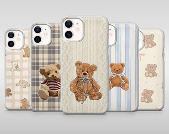 かわいいクマのスマホケース テディベアぬいぐるみカバー iPhone 17Pro 16 15、14、13、12 Samsung S25、S24、S23Fe、S22、A16、A26、A56、Pixel 10、9Pro 用