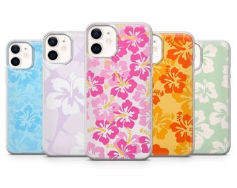 May include: Five different phone cases with a hibiscus flower pattern. The cases are clear and show the phone's color through the design. The patterns are in pink, orange, blue, green, and purple.