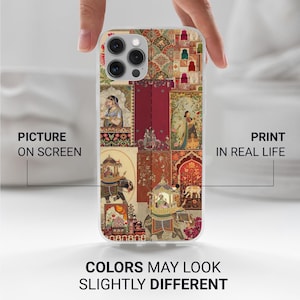 May include: A phone case with a colourful, patterned design featuring Indian-inspired artwork. The case has a clear border and displays text that reads "PICTURE ON SCREEN" and "PRINT IN REAL LIFE". The bottom of the case has the text "COLORS MAY LOOK SLIGHTLY DIFFERENT".